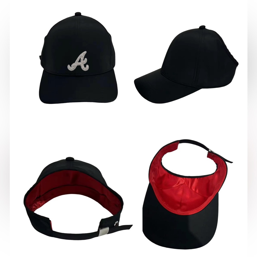 Black Nylon ”ATL" Rhinestone Logo Open Back baseball Cap with Red satin lining